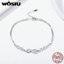WOSTU Hot Sale 925 Sterling Silver Endless Love Infinity Chain Link Adjustable Women Bracelet Luxury Silver Jewelry DXB037