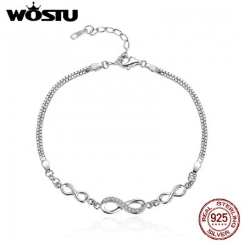 WOSTU Hot Sale 925 Sterling Silver Endless Love Infinity Chain Link Adjustable Women Bracelet Luxury Silver Jewelry DXB037