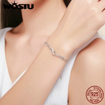 WOSTU Hot Sale 925 Sterling Silver Endless Love Infinity Chain Link Adjustable Women Bracelet Luxury Silver Jewelry DXB037