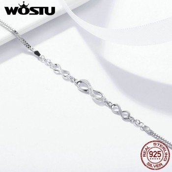 WOSTU Hot Sale 925 Sterling Silver Endless Love Infinity Chain Link Adjustable Women Bracelet Luxury Silver Jewelry DXB037