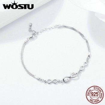 WOSTU Hot Sale 925 Sterling Silver Endless Love Infinity Chain Link Adjustable Women Bracelet Luxury Silver Jewelry DXB037