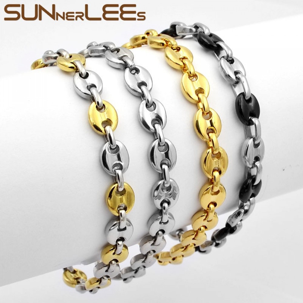 SUNNERLEES Fashion Jewelry Stainless Steel Bracelet 5~11mm Mens Womens Coffee Beans Link Chain SC13 B