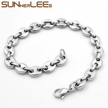 SUNNERLEES Fashion Jewelry Stainless Steel Bracelet 5~11mm Mens Womens Coffee Beans Link Chain SC13 B