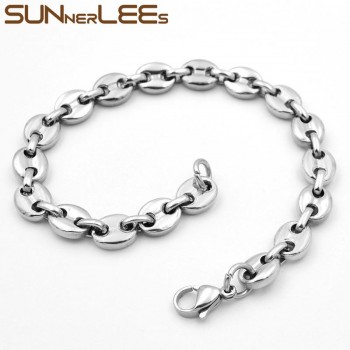 SUNNERLEES Fashion Jewelry Stainless Steel Bracelet 5~11mm Mens Womens Coffee Beans Link Chain SC13 B