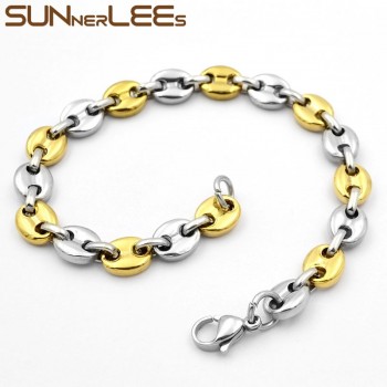 SUNNERLEES Fashion Jewelry Stainless Steel Bracelet 5~11mm Mens Womens Coffee Beans Link Chain SC13 B