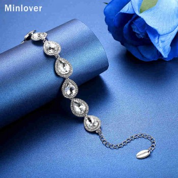 Minlover Crystal Teardrop Wedding Bracelet for Women Silver Color Big Rhinestone Party Bride Fashion Jewelry Accessories MSL051
