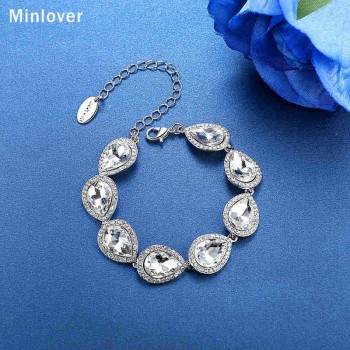 Minlover Crystal Teardrop Wedding Bracelet for Women Silver Color Big Rhinestone Party Bride Fashion Jewelry Accessories MSL051
