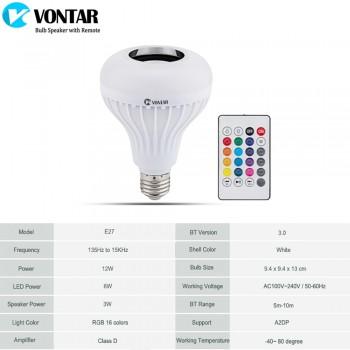 VONTAR E27 B22 Wireless Bluetooth Speaker+12W RGB Bulb LED Lamp 110V 220V Smart Led Light Music Player Audio with Remote Control