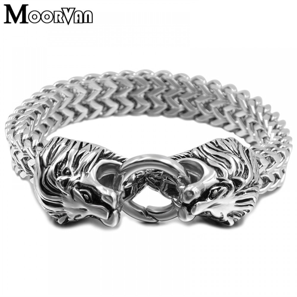Moorvan Fashion cool men double lion head Chinese style bracelet street beat stainless steel punk bracelet men jewelry  VB973