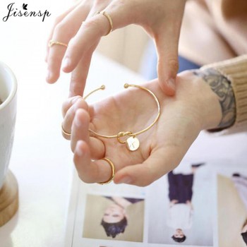 Jisensp Trendy Tie Knotted Open Cuff Bangle Rose Gold Sliver Coin 26 Letters Initial Charm Bracelets Wire Love Bangles for Women