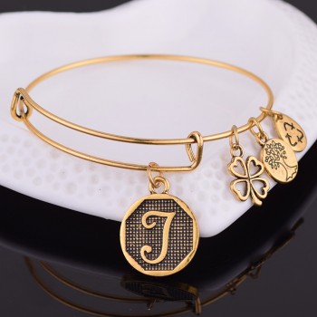 NEW STYLE  American Expandable Bracelet Diameter Metallic Ancient Gold A-Z Initial Letter Charm Bracelet Adjustable Wire Bangle