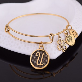 NEW STYLE  American Expandable Bracelet Diameter Metallic Ancient Gold A-Z Initial Letter Charm Bracelet Adjustable Wire Bangle