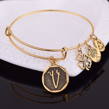 NEW STYLE  American Expandable Bracelet Diameter Metallic Ancient Gold A-Z Initial Letter Charm Bracelet Adjustable Wire Bangle