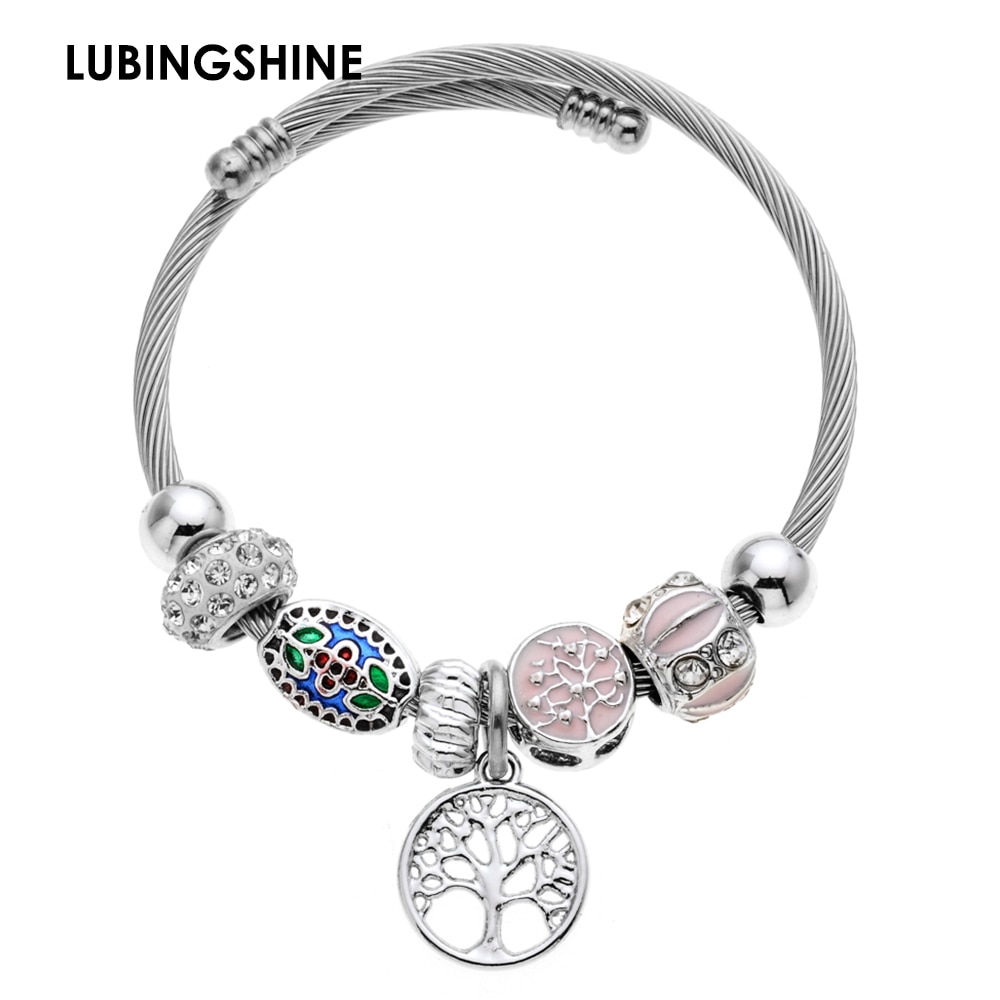 Fashion Crystal Disco Ball Charms Bracelets Bangles Stainless Steel Tree of Life Pendant Adjustable Bracelet Jewelry for Women