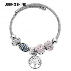 Fashion Crystal Disco Ball Charms Bracelets Bangles Stainless Steel Tree of Life Pendant Adjustable Bracelet Jewelry for Women