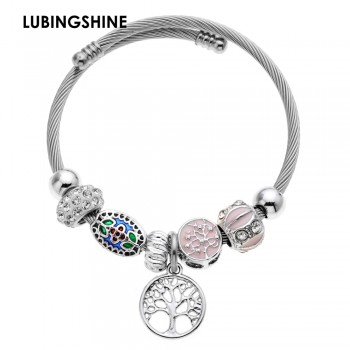 Fashion Crystal Disco Ball Charms Bracelets Bangles Stainless Steel Tree of Life Pendant Adjustable Bracelet Jewelry for Women