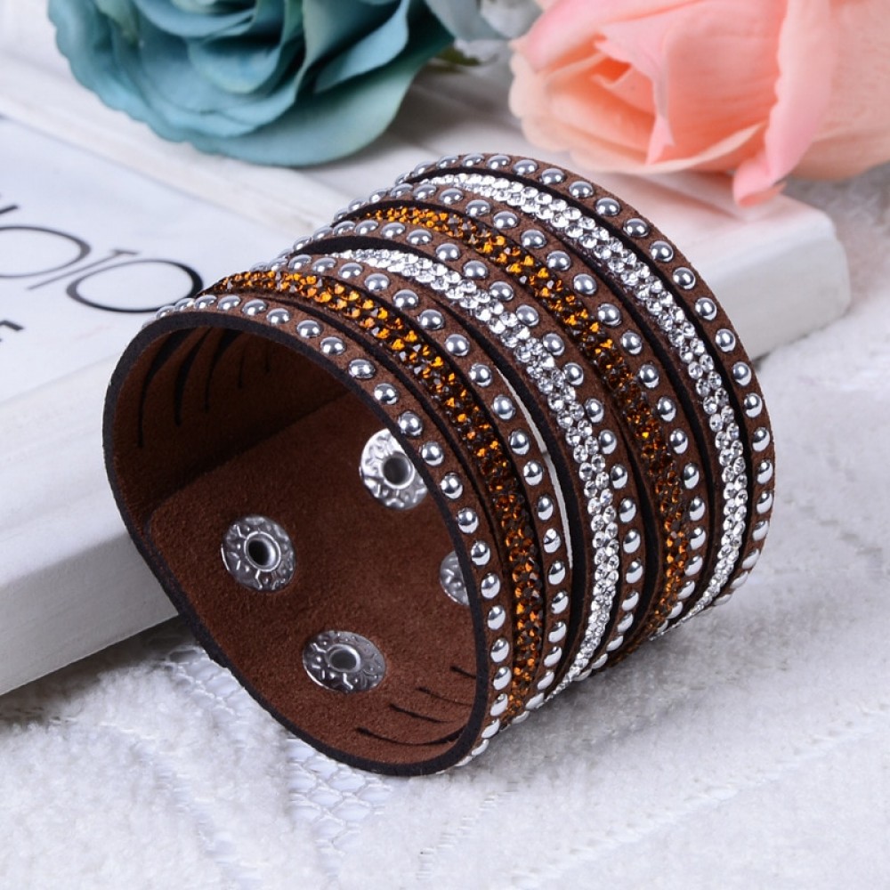 Leather Cuff Double Wide Bracelet and Rope Bangles Brown for Men Fashion Rhinestone Crystal Multilayer Bracelet Unisex Jewelry