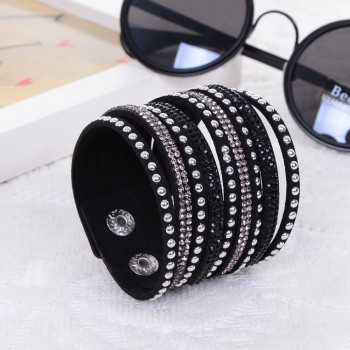 Leather Cuff Double Wide Bracelet and Rope Bangles Brown for Men Fashion Rhinestone Crystal Multilayer Bracelet Unisex Jewelry