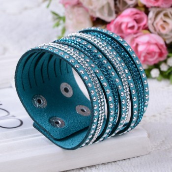 Leather Cuff Double Wide Bracelet and Rope Bangles Brown for Men Fashion Rhinestone Crystal Multilayer Bracelet Unisex Jewelry