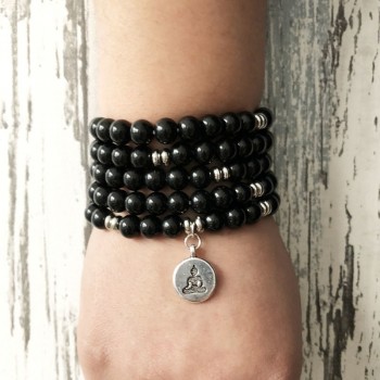 8MM Black Onyx Mala Buddha Bracelet Men 108 Prayer beads Buddhist wrapped wrists Black Bracelet for men Lotus Flower Yoga