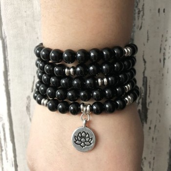 8MM Black Onyx Mala Buddha Bracelet Men 108 Prayer beads Buddhist wrapped wrists Black Bracelet for men Lotus Flower Yoga