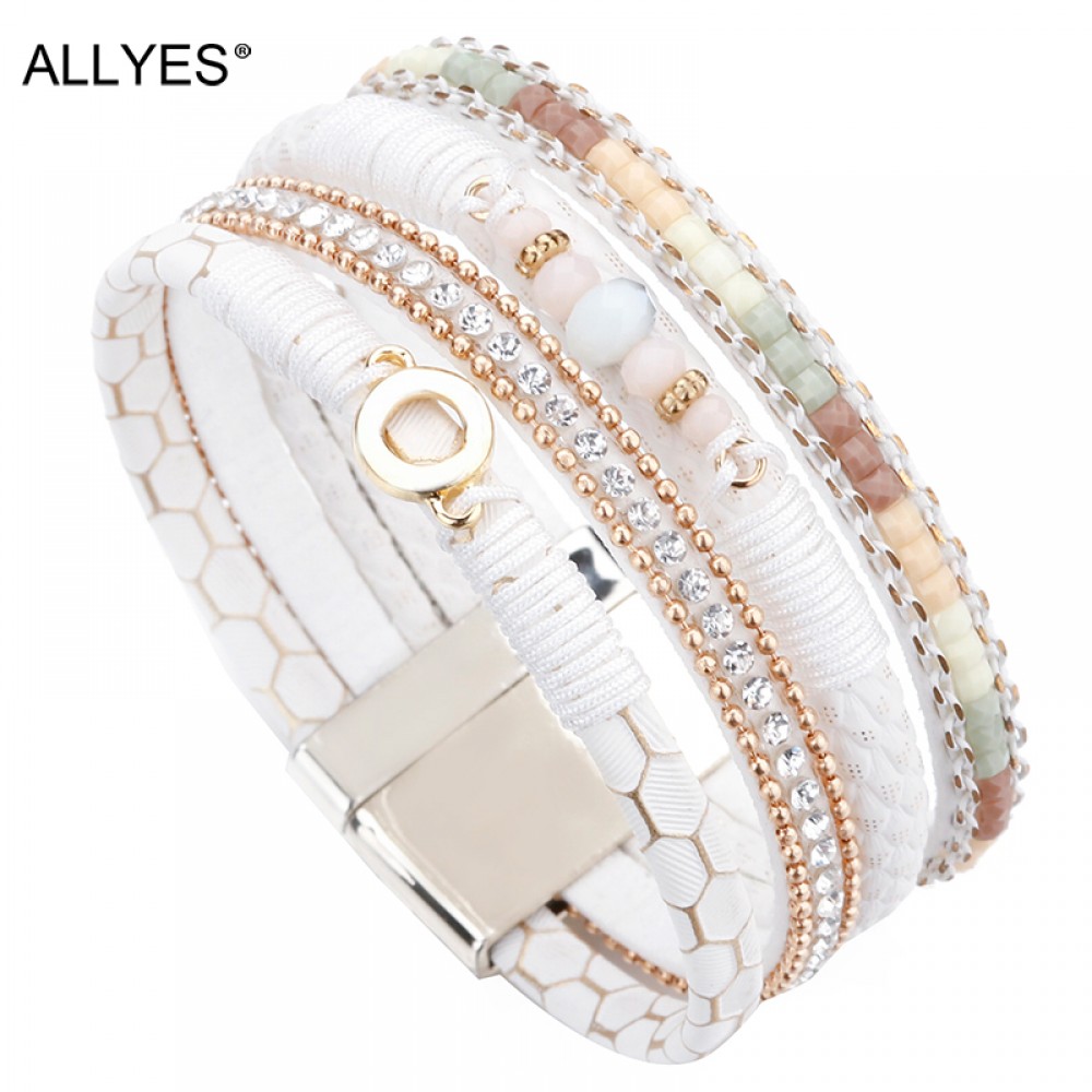ALLYES White Leather Bracelets for Women Jewelry Trendy Round Metal Charm Rhinestone Crystal Wide Multilayer Bracelet Female