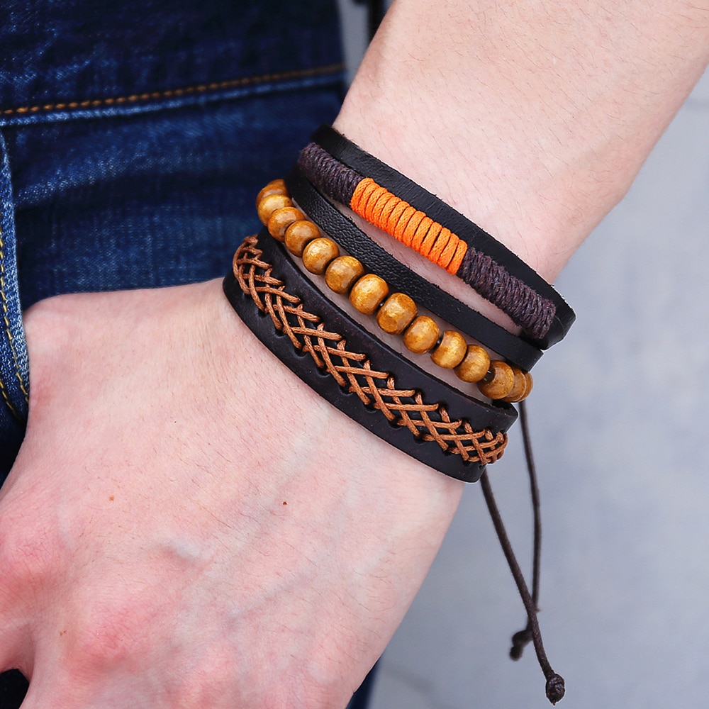 IF ME Trendy Multi Layer Leather Bracelets Men Vintage Adjustable Wood Bead Braided Rope Bracelet Wristband Wrap Jewelry 2018