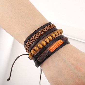 IF ME Trendy Multi Layer Leather Bracelets Men Vintage Adjustable Wood Bead Braided Rope Bracelet Wristband Wrap Jewelry 2018