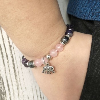 8 mm Rose Quartzs amp; A-methyst Natural Stone Bracelet Strength Ganesh Yoga Healing Mala Elephant Bracelet Pink and Purple Wrist