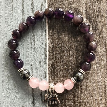 8 mm Rose Quartzs amp; A-methyst Natural Stone Bracelet Strength Ganesh Yoga Healing Mala Elephant Bracelet Pink and Purple Wrist