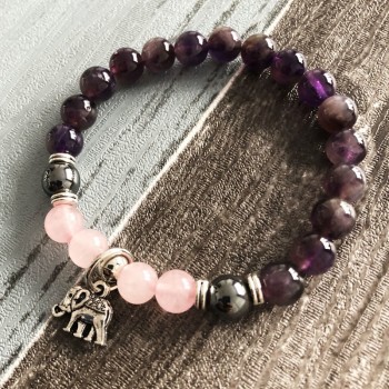 8 mm Rose Quartzs amp; A-methyst Natural Stone Bracelet Strength Ganesh Yoga Healing Mala Elephant Bracelet Pink and Purple Wrist
