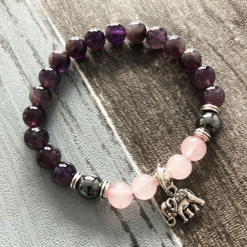 8 mm Rose Quartzs amp; A-methyst Natural Stone Bracelet Strength Ganesh Yoga Healing Mala Elephant Bracelet Pink and Purple Wrist
