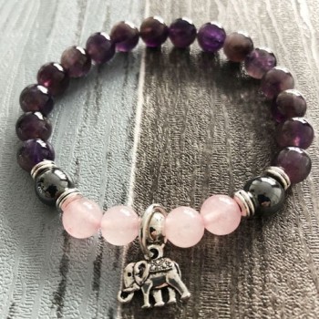 8 mm Rose Quartzs amp; A-methyst Natural Stone Bracelet Strength Ganesh Yoga Healing Mala Elephant Bracelet Pink and Purple Wrist