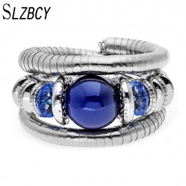 SLZBCY Woman Bracelets Big Blue Stone Multi Layer Snake Chain Bracelet Charm Beads Stretchy Elastic Bangles Flexible Jewelry