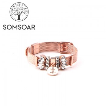 Somsoar Jewelry Rose Gold Sunburst Cross Mesh Stainless steel Bracelet Set with DIY Charms as Mothers Day Gift