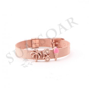 Somsoar Jewelry Rose Gold Sunburst Cross Mesh Stainless steel Bracelet Set with DIY Charms as Mothers Day Gift