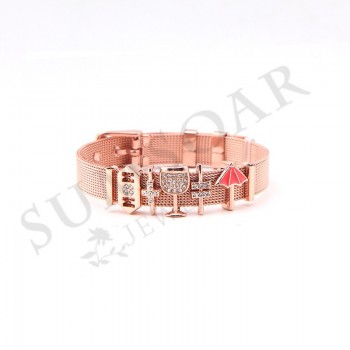 Somsoar Jewelry Rose Gold Sunburst Cross Mesh Stainless steel Bracelet Set with DIY Charms as Mothers Day Gift
