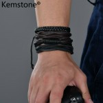Kemstone Punk Leather Black Multi-layer Wrap bracelet Jewelry Men Gift