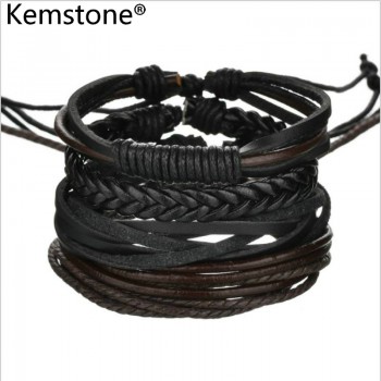 Kemstone Punk Leather Black Multi-layer Wrap bracelet Jewelry Men Gift