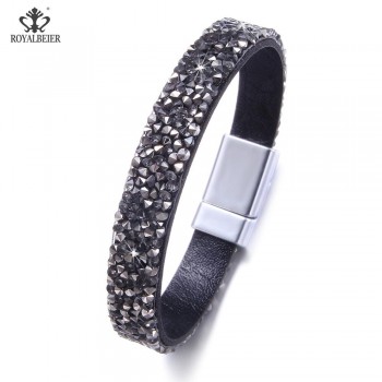 RoyalBeier Popular Leather Crystal Women Wide Bracelet Bangle Metal Buckle Rhinestone Fashion Jewelry Womens Accessories
