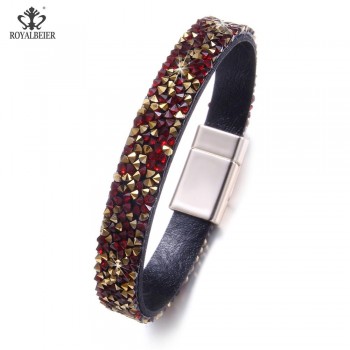 RoyalBeier Popular Leather Crystal Women Wide Bracelet Bangle Metal Buckle Rhinestone Fashion Jewelry Womens Accessories