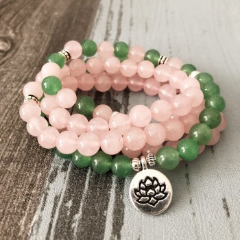 108 Prayer beads Rose Quartzs Green Aventurine Bracelet Love amp; Luck Necklace and Bracelet Pink Bracelet with Lotus charm