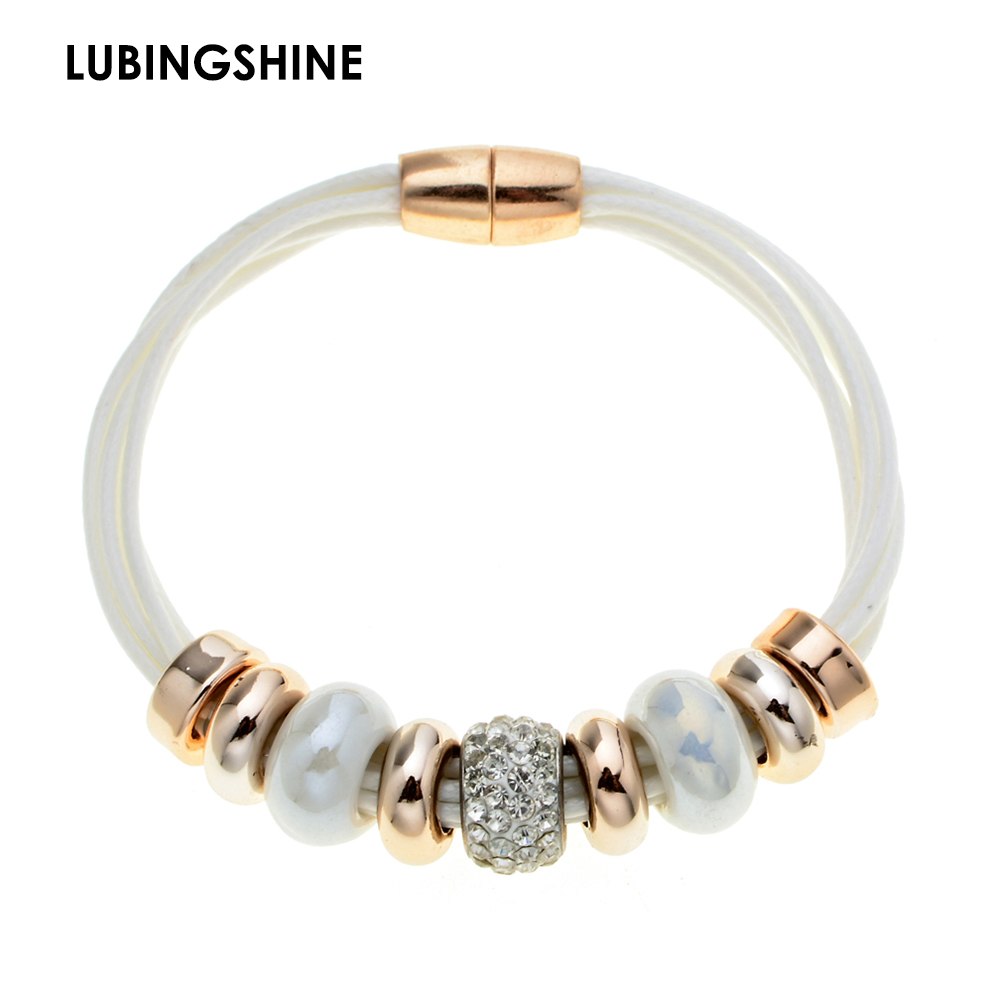 2017 New Fashion 6 Layer Leather Bracelet Bangle with Europe Big Hole Beads Charms magnetic clasp bracelet JJAL B320