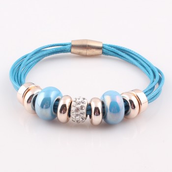 2017 New Fashion 6 Layer Leather Bracelet Bangle with Europe Big Hole Beads Charms magnetic clasp bracelet JJAL B320