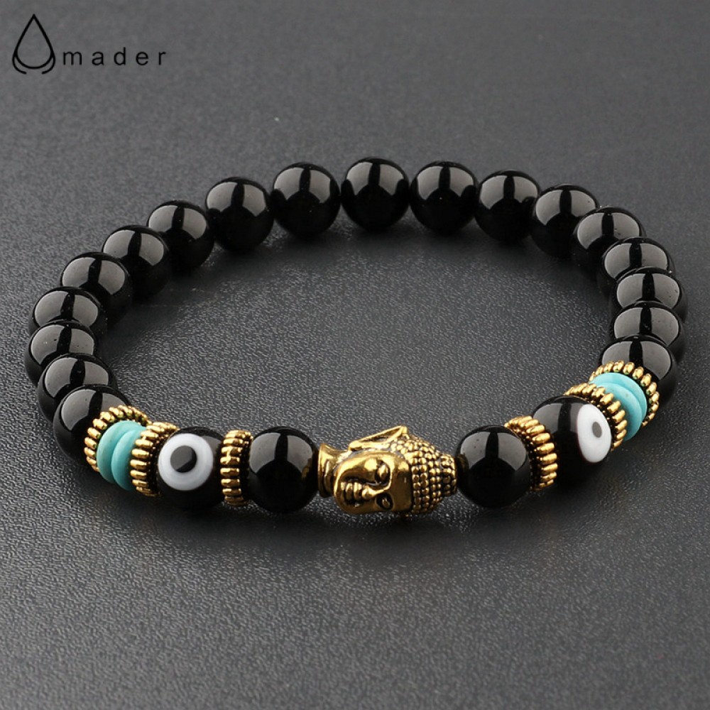 Amader Charm Buddhaamp;Evil Eye Bracelet Women 8mm Elastic Round Bright Black Stone Chakra Bracelets Men Erkek Bileklik AB224