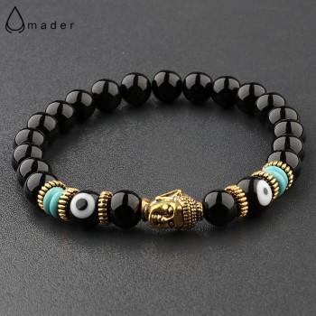Amader Charm Buddhaamp;Evil Eye Bracelet Women 8mm Elastic Round Bright Black Stone Chakra Bracelets Men Erkek Bileklik AB224