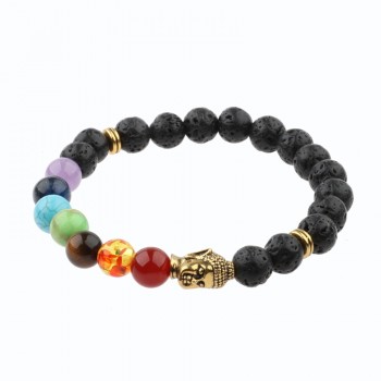 Amader Charm Buddhaamp;Evil Eye Bracelet Women 8mm Elastic Round Bright Black Stone Chakra Bracelets Men Erkek Bileklik AB224