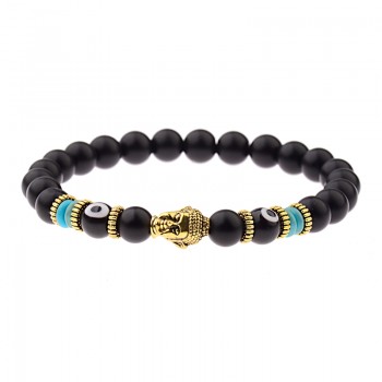 Amader Charm Buddhaamp;Evil Eye Bracelet Women 8mm Elastic Round Bright Black Stone Chakra Bracelets Men Erkek Bileklik AB224