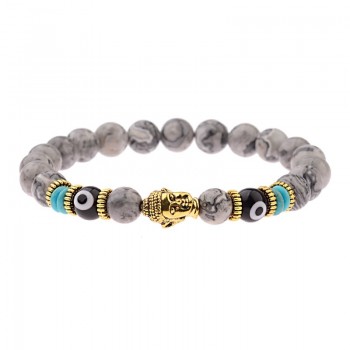 Amader Charm Buddhaamp;Evil Eye Bracelet Women 8mm Elastic Round Bright Black Stone Chakra Bracelets Men Erkek Bileklik AB224
