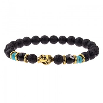 Amader Charm Buddhaamp;Evil Eye Bracelet Women 8mm Elastic Round Bright Black Stone Chakra Bracelets Men Erkek Bileklik AB224